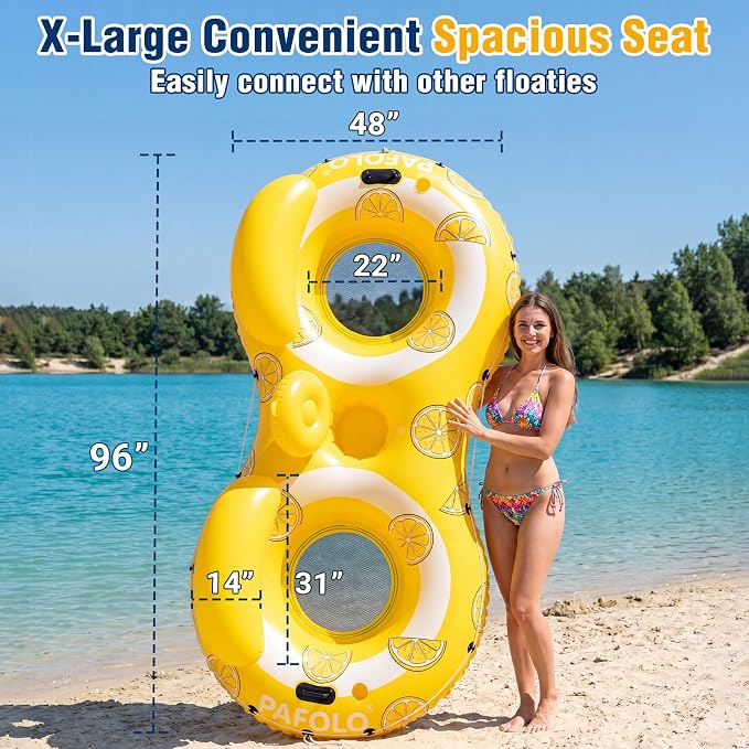 Pool Float Adult,2-Person Large Inflatable River Float, XL River Tubes for Floating Heavy Duty with Mesh Bottom, Comfortable Backrest & 2 Cup Holders & Durable Grab Handles,600 lbs Weight Capacity