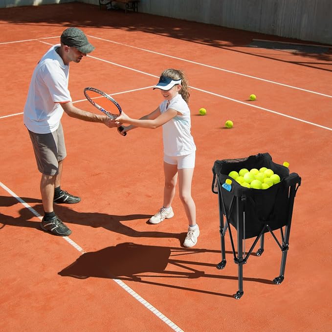 ORIENGEAR Wheeled Pop-up Tennis Ball Hopper, 150-Ball Capacity Basket with Side Pockets & Carrying Bag, Lightweight Sports Teaching Cart for Tennis, Pickleball, Baseball and Softball