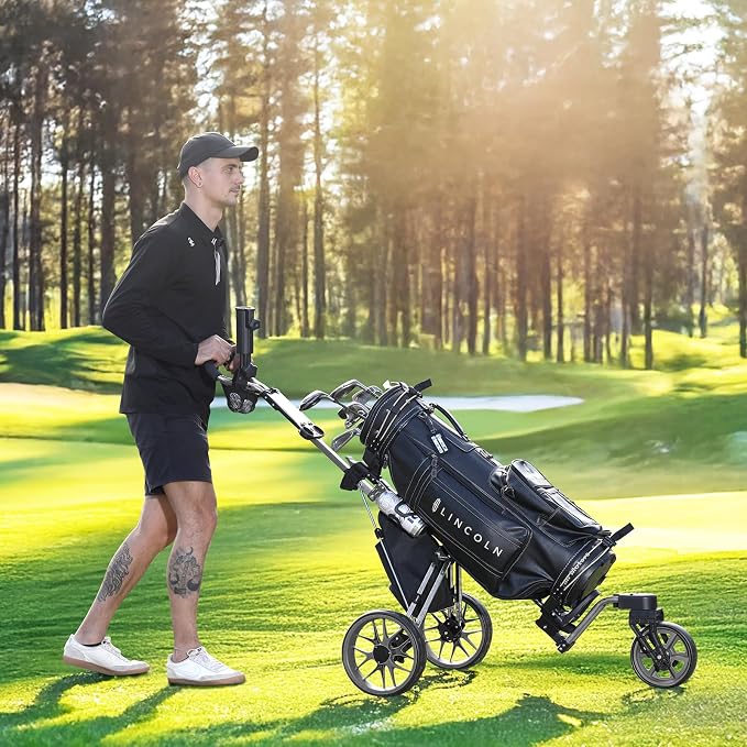 360 Golf Pull Cart: Lightweight Folding Swivel 3 Wheels Golf Caddy with Foot Brake, Cooler Bag, Drink& Umbrella Holder, Gray