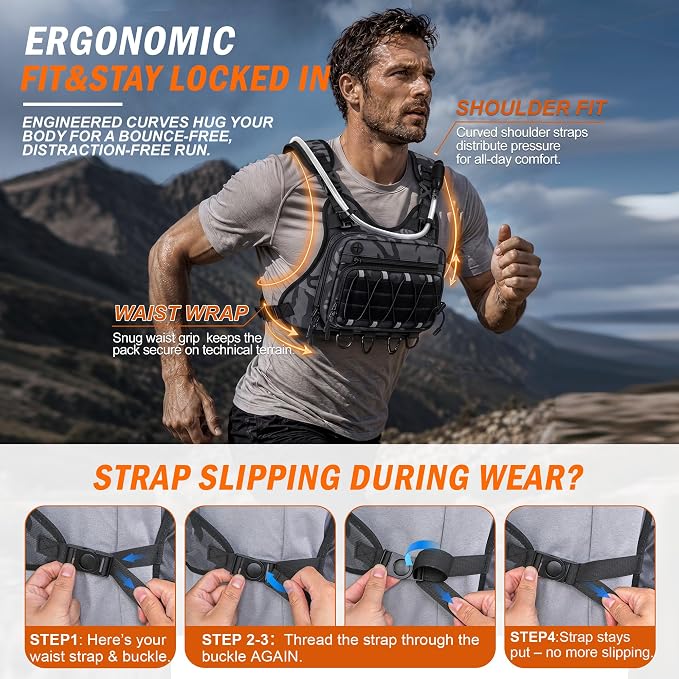 BECOJADDE Running Vest for Men with 2L Water Bladder Tactical Hydration Backpack Adjustable Lightweight Chest Pack for Marathon Hunting Cycling