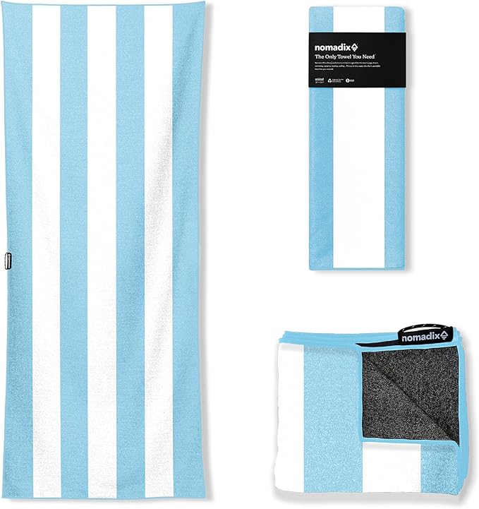 Nomadix Original Towel - Perfect for Beach, Pool, Travel, Camping, Yoga - Made with Recycled Materials - Super Absorbent - Sand Resistant - Classic Cabana Pale Blue- 72.5x30