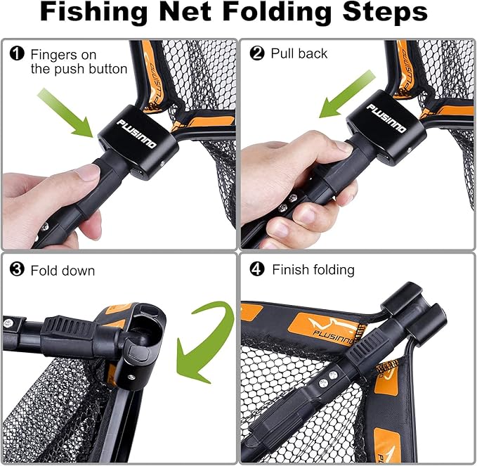 PLUSINNO Floating Fishing Net for Steelhead, Salmon, Fly, Kayak, Catfish, Bass, Trout Fishing, Rubber Coated Foldable Landing Net with Fixed or Telescoping Pole Handle, Fishing Gear and Gifts for Men