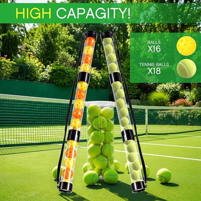 Soulchen 2 Pack Ball Retriever Upper Compatible with Pickleball Tennis Pickup Tube Holds 11/16 Balls with Shoulder Strap Easy Pickup Portable Ball Holder Storage Compatible with Pickleball