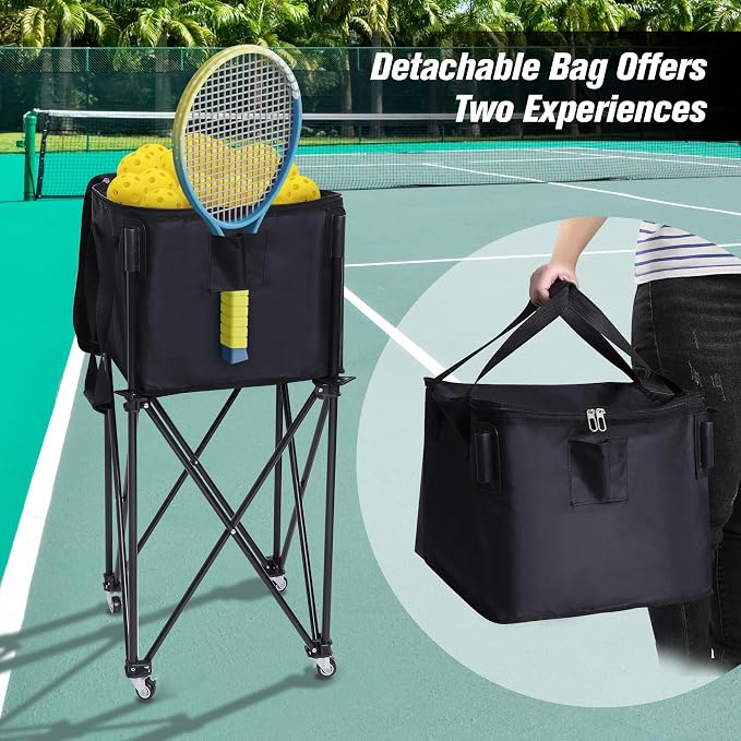 Portable Tennis Ball Hopper Holds 180 Balls, Tennis Ball Basket Cart with 4 Wheels & Brakes, Detachable Oxford Fabric Bag for Tennis and Pickleball Training, Black