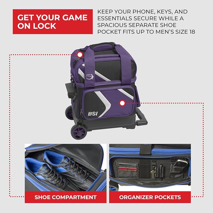 BSI Dash Roller Bowling Bag with Smooth Rolling Wheels, Padded Ball Compartment, Retractable Locking Handle, & Shoe Pocket
