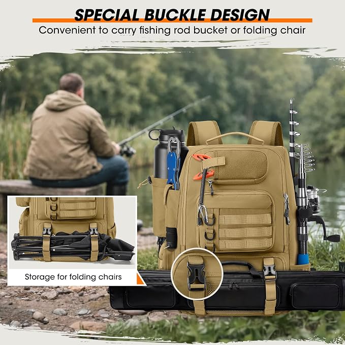 RAINSMORE Fishing Backpack with Rod Holders & Cooler 40L Water Resistant Tackle Backpack with Rain Cover Store Fishing Gear