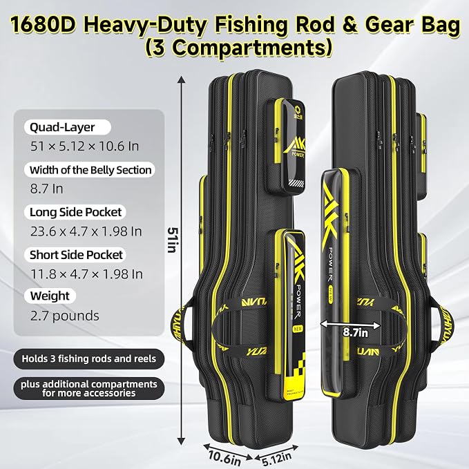 Fishing Rod Case & Bag Triple-Layer - 1680D Oxford, Wire-Reinforced Anti-Deforming, Foldable Portable, Quick-Access Compartments, Fishing Gift for Men Anglers