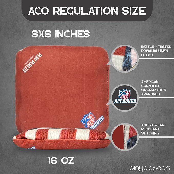 Play Platoon Cornhole Bags Set of 8 Regulation Professional Corn Hole Bean Bags ACO Approved, Competition Weight, Slick and Stick