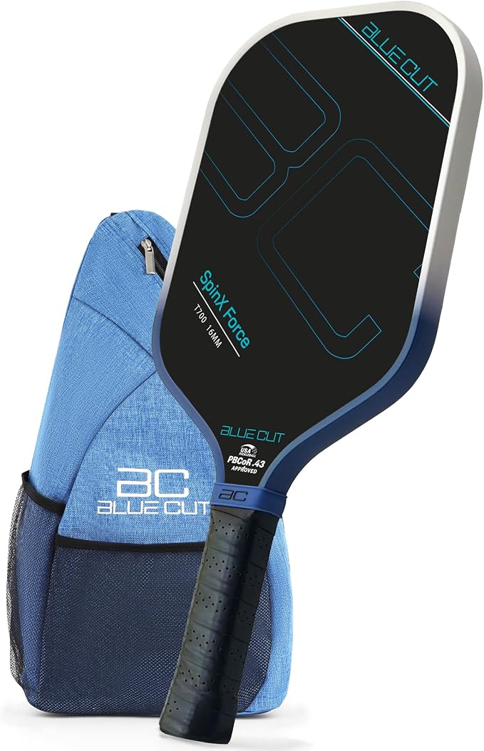 Blue Cut Pickleball Paddle – USAPA Approved Pickleball Paddles Racket with T700 Carbon Fiber, 16mm Honeycomb Core, Spin Surface, Pro Power Speed & Control – Includes Carry Bag
