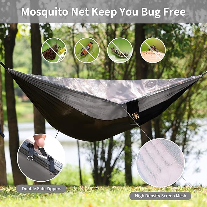 Camping Hammock with Mosquito Net,Lightweight 210T Nylon Hammocks,Portable Hammock with 10ft Tree Straps,Camping Gear Must Haves for Travel Hiking Backpacking Beach Patio-Black&Grey