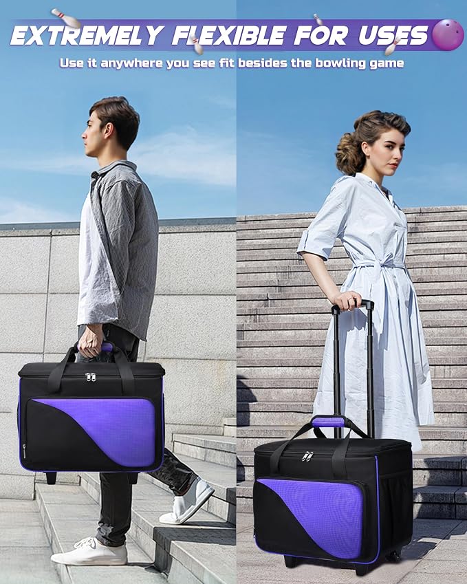 Convertible Bowling Bag with Wheels - Roller Bag for 1 or 2 Balls - EVA Foam Ball Cup - Rolling Tote for Bowling Accessories - Gifts for Youth & Adults