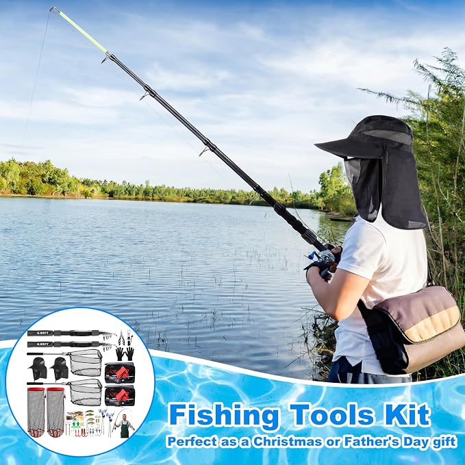 Father's Day Telescopic Fishing Rod Kit, 6.89ft/5.91ft 2 Pcs Collapsible Rod for Him with Landing Net, Tackle Bag, Gloves, Lures, Pliers, Gift for Dad for Saltwater Freshwater Fishing