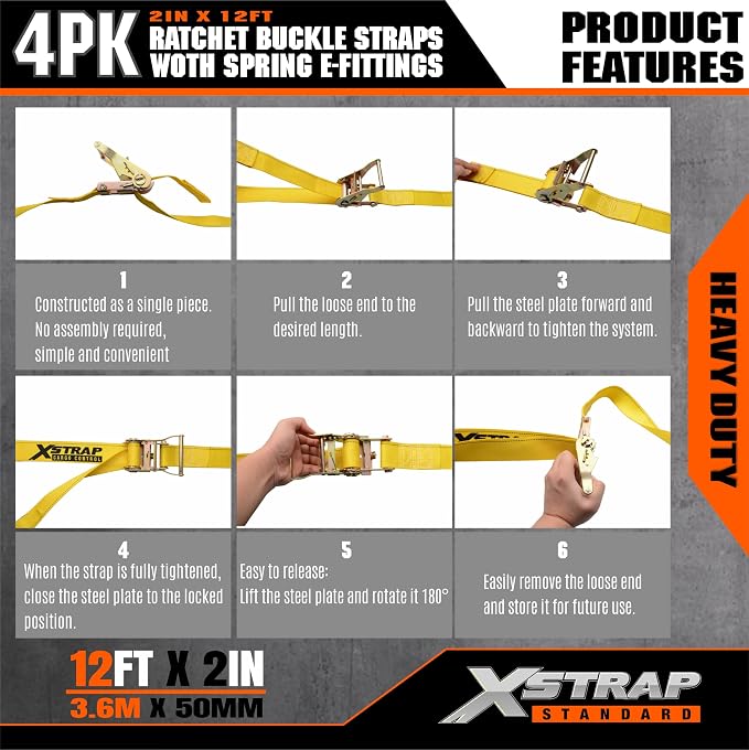XSTRAP STANDARD E-Track Ratchet Straps, 4 Pack 2" x16' Heavy Duty Cargo Tie-Downs, 4400LBS Breaking Strength, Standard E Track Fitting Tie Down Ratcheting Strap for Cargo Vans, Trucks, Trailers (Grey)