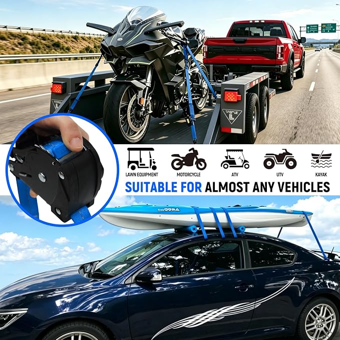Retractable Ratchet Straps (Patented-2pack) - 1 inch x 10Feet (1,800lb Break Strength) Auto Self Retracting Tie Down Straps - Self Retractable Straps with Refletcive for Motorcyle, Truck or Cargo