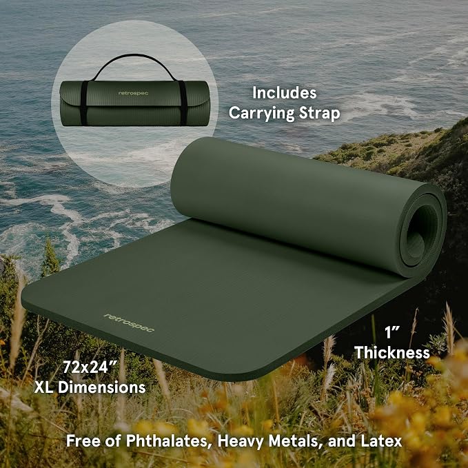 Retrospec Solana Yoga Mat 1" Thick w/Nylon Strap for Men & Women - Non Slip Exercise Mat for Home Yoga, Pilates, Stretching, Floor & Fitness Workouts