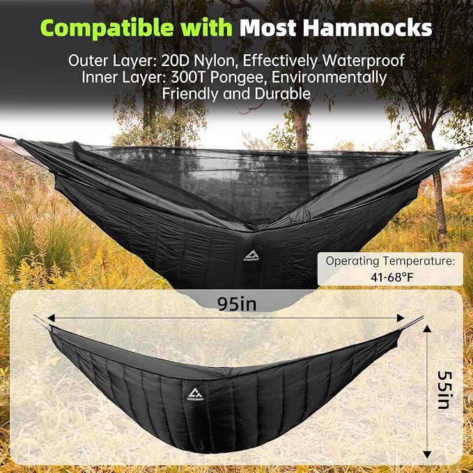 Hammock Underquilt for Camping - Full Length Black Lightweight Warm Quilt for 3-4 Seasons (41-68°F) - Soft & Durable for Hiking, Backpacking, Beach, Travel - Holds Up to 500lbs
