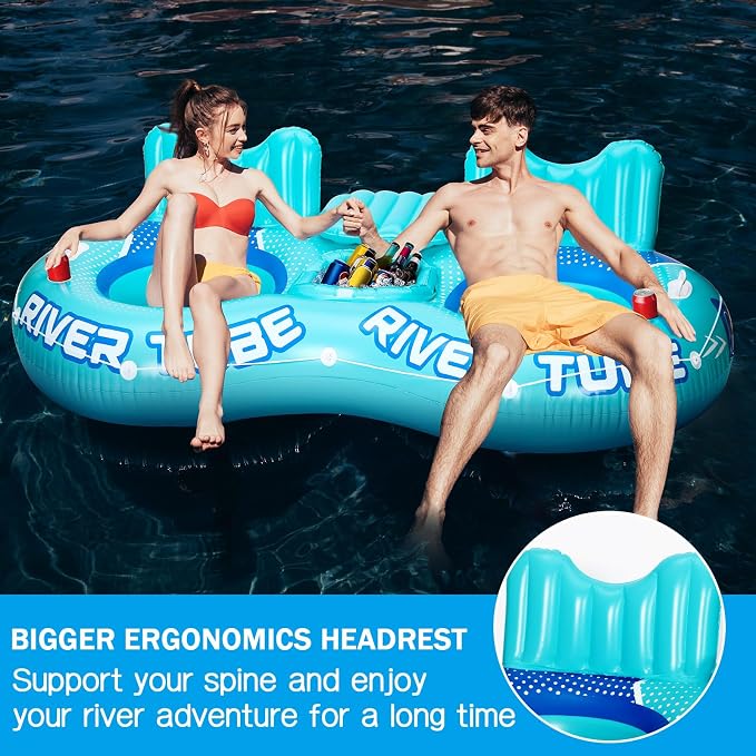 Pcs Inflatable River Tube Float, 2 Person Heavy Duty Pool Float with Built in Cooler, Ergonomic Backrest and Cup Holders for Adults, Lake Water Tubes for Floating Summer Relaxation