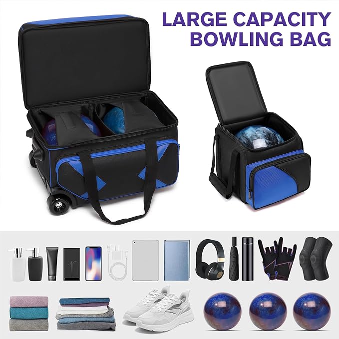 3 Ball Bowling Bags with Wheels and Shoes Compartment, Roller with Multipocket, 2 Ball Bowling Roller Bag + 1 Ball Color Matching Add On Tote (Blue-Black)