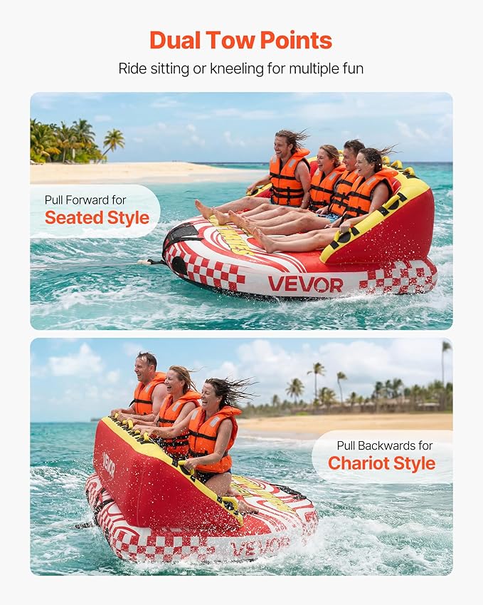 VEVOR Towable Tubes for Boating, 4-Rider Inflatable Towable Tube for Boat to Pull, 680 lbs Capacity Water Sports Boating Tubes - with Full Nylon Cover, Dual Tow Points, Safety Valve & Padded Handles
