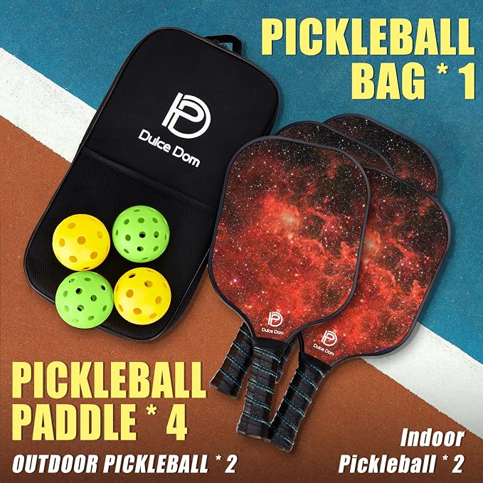 Dulce DOM Pickleball Paddles Set of 2/4 - USAPA Approved, 4 Indoor Outdoor Pickleball Balls, Fiberglass Surface Paddle Racket with Cover Bag, Ideal Training Equipment Gift for Men & Women