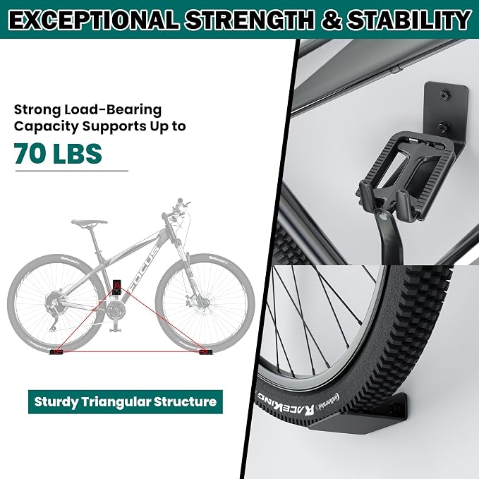 EVERHANGER Wall Mount Bike Pedal Hanger, Heavy-duty Garage Bike Rack, Horizontal Bike Hooks, Holds Up to 70LBS, 3 Pack