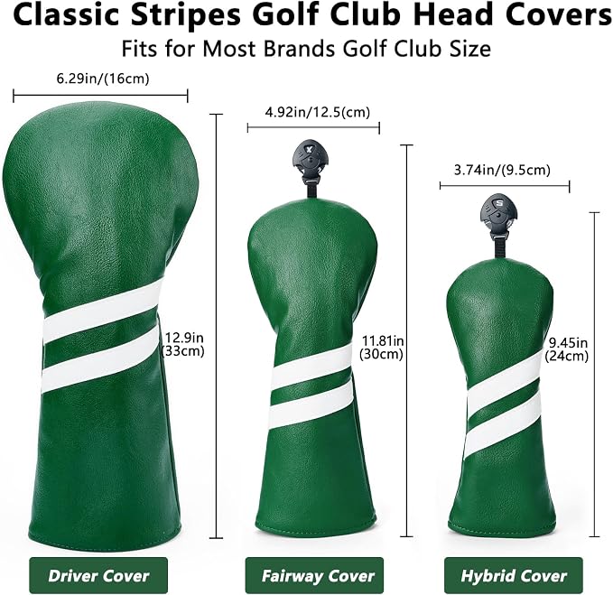 3PCS Vintage Golf Club Classic Green and Black Driver, Fairway Wood and Hybrid Head Covers Set PU Leather Headcovers with Interchangeable No. Tag