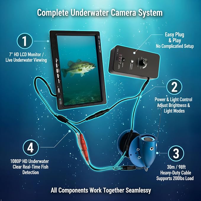 7" Underwater Fishing Camera 1080P HD Fish Finder | 12 IR + 12 White LEDs, 30m Cable, Waterproof Ice Fishing, For Boat, Lake & River
