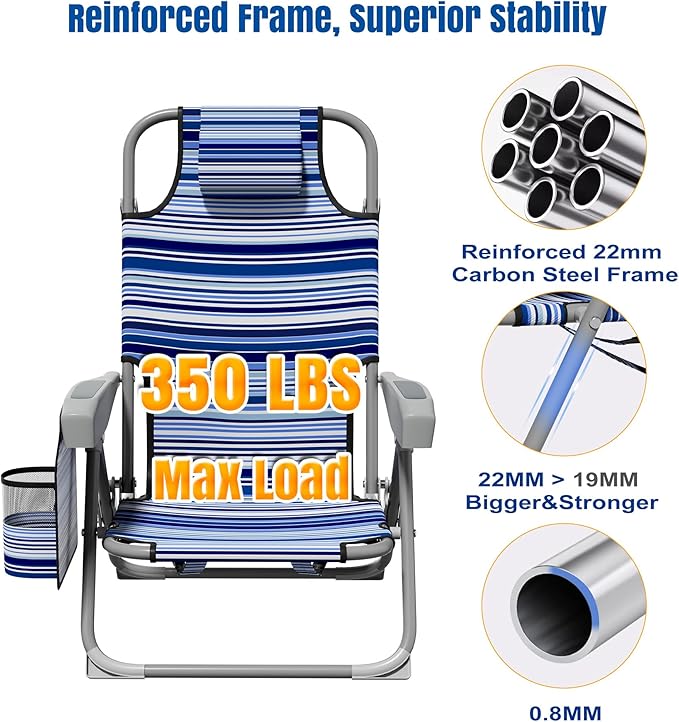 DIAMONDFORGE Lightweight Portable Beach Chair for Adults, 350 LBS Capacity Backpack Beach Chair, Reclining Beach Chair with 5-Position Lay Flat, Large Cup Holder for Beach Camping Sports, 1 Pack Blue