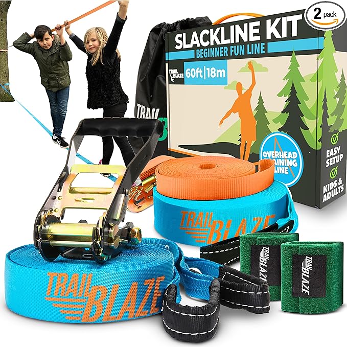 Complete Slackline Kit with Training Line - 60ft Slack Lines for Backyard for Kids and Adults, Wider Tree Protectors - Ninja Slackline Kit for Kids Outdoor Play Equipment (Complete Kit - Blue)