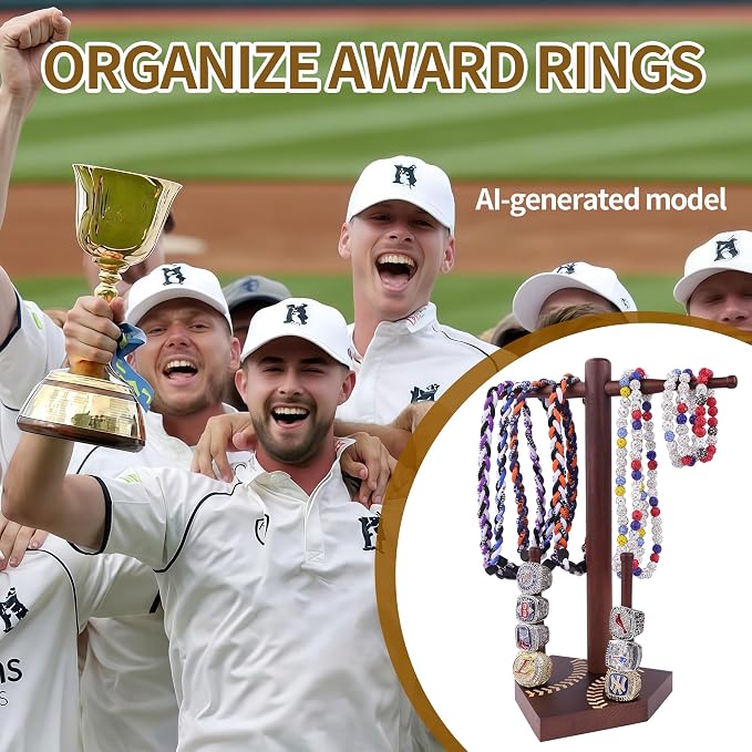 Baseball Ring Display Holder for Championship Rings & Necklaces, Wooden Sports Jewelry Organizer with Bat Stand for Baseball Softball Players, Athlete Gift Display Case for Rings Bracelets Medals
