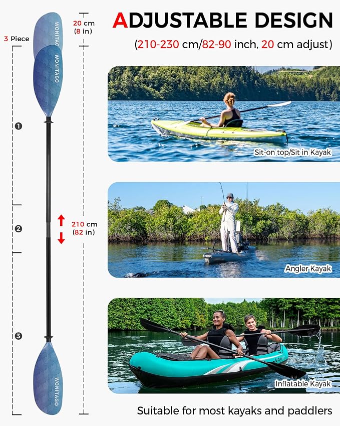 Kayak Paddle with Fiberglass Shaft and Reinforced Nylon Blade, Adjustable Kayaking Oars, 3 Piece, 230-250 cm/90-98 inches, 210-230 cm/82-90 inches