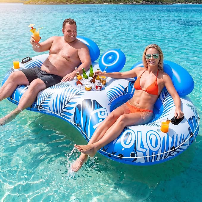 Pool Float Adult,2-Person Large Inflatable River Float, XL River Tubes for Floating Heavy Duty with Mesh Bottom, Comfortable Backrest & 2 Cup Holders & Durable Grab Handles,600 lbs Weight Capacity