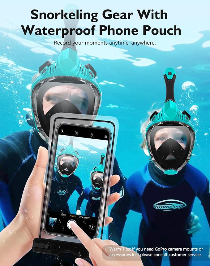 VGKE Full Face Snorkel Mask for Adults, Snorkeling Gear with Waterproof Phone Pouch, Unisex for Men and Women, 180-degree HD Panoramic View, Anti-Leak & Anti-Fog, Breathe Freely