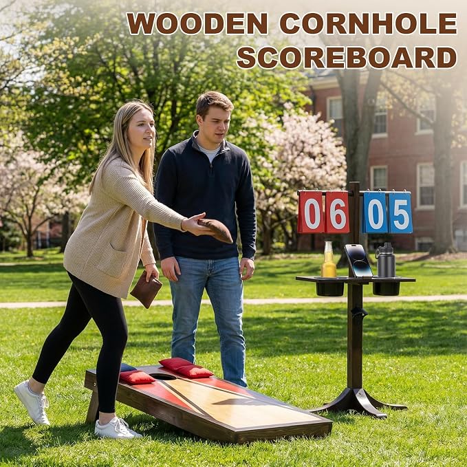 Cornhole Scoreboard with Drink Holder, Wooden Corn Hole Scoreboard with Bottle Opener and Phone Holder, Suitable for Sandbag Throwing, Beach Volleyball Tennis and Other Outdoor Games