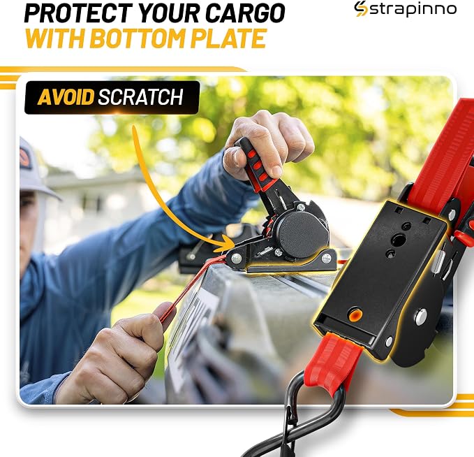 Strapinno Retractable Ratchet Straps (4-Pack), 1 in x 10 ft, 1,500LBS Break Strength, Most Durable Straps and Core, Auto Self Retracting Tie Downs for Truck, Moving, Motorcycle, Bike, Jetski, Kayak