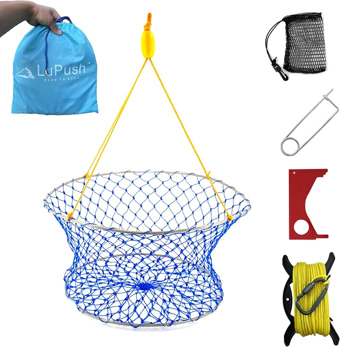 Stainless Collapsible Crab Net with 100ft Rope, Bait Bag, Clip & Ruler – 6 Pieces Portable Crab Trap for Easy Storage – Durable Grid Design for Dock & Pier Crabbing