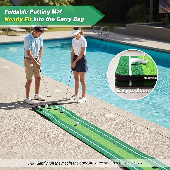 SENSECLUB Indoor Putting Green, Foldable Putting Mat Golf Game Set, Golf Gifts for Men with Ball-Collect System