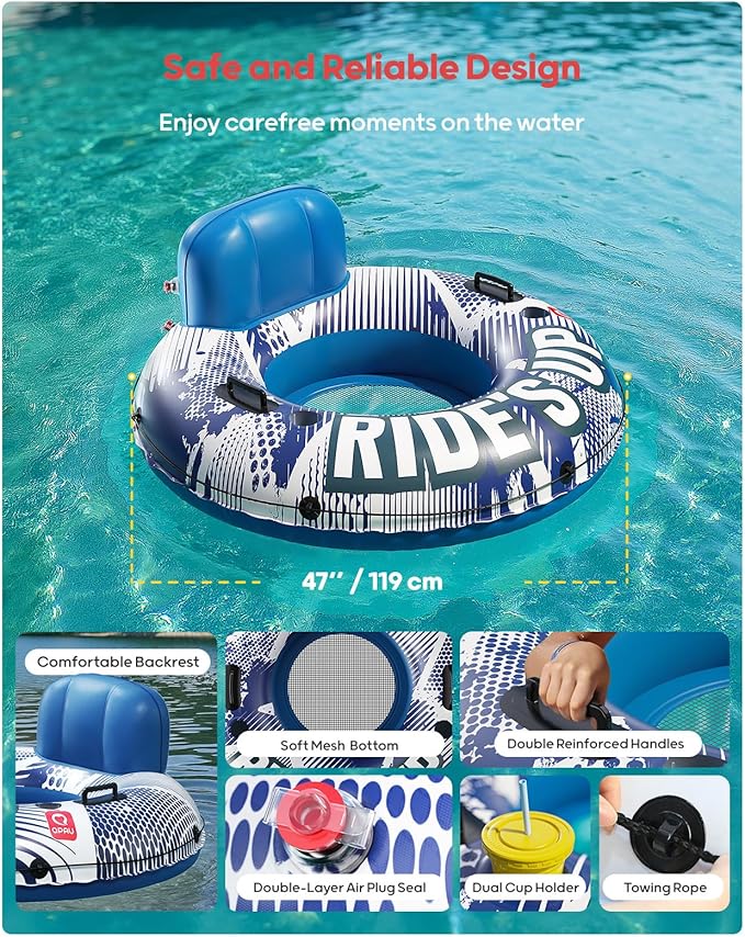 QPAU Inflatable River Tube, 0.4 mm Thickened Puncture-Resistant Heavy Duty River Float, River Raft with Ergonomic Backrest, Mesh Bottom & 2 Cup Holders for Family Friends Lake Float