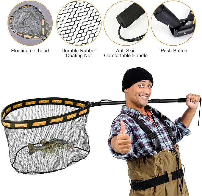 PLUSINNO Fishing Net Fish Floating Landing Net, Kayak Nets with Fixed Foldable Telescopic Pole Handle, Bass Trout Fishing Nets with Nylon Mesh for Pond Lake River, Fishing Gear Gifts for Men Anglers