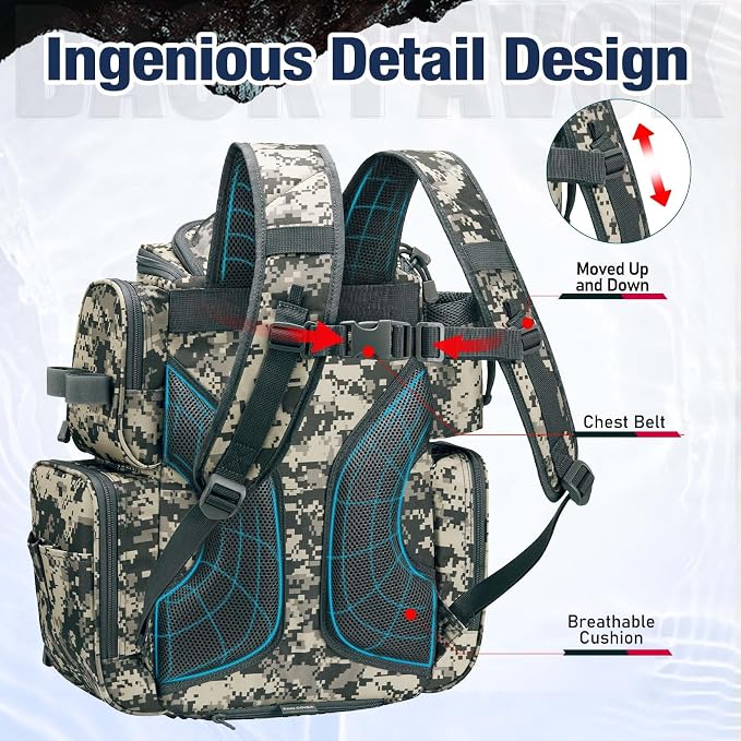 Piscifun Fishing Backpack with 2 Rod Holders & 4 Tackle Boxes, Large Tackle Storage Bag With Rain Cover for Fishing Gear