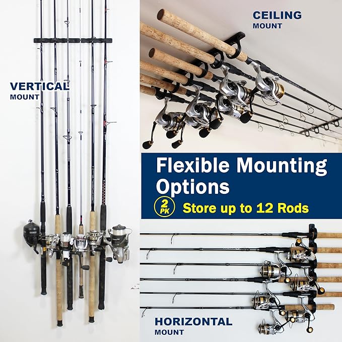 Rush Creek Creations, Ceiling Fishing Rod Holder for 6 Rods, Fishing Pole Holder for Garage Organization and Wall Storage, for Fishing Reels, Fishing Gear, and Fishing Accessories (2 Horizontal Rack)