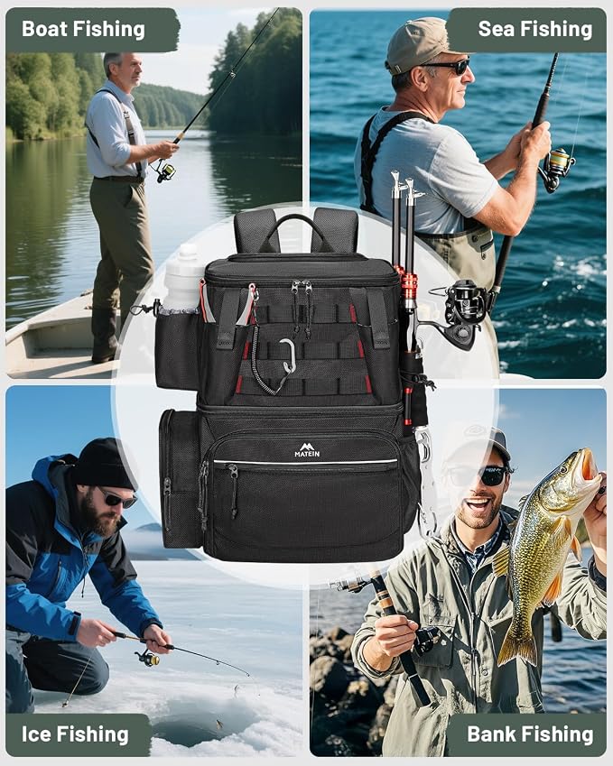 MATEIN Fishing Backpack with 4 Tackle Boxes, Fishing Bag with Rod Holder | 3600 Tackle Box 4 Pack, Water Resistant Tackle Backpack with Cooler Compartment, Safety Compass, Gifts for Fishermen