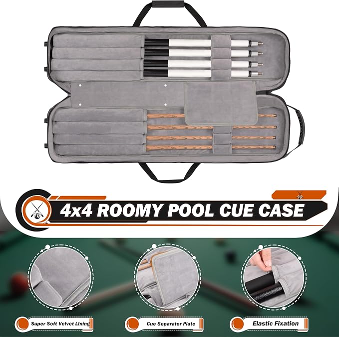 Hikeen Premium Pool Cue Case,4 X 4 Pool Stick Case with Soft Velvet Lining Holds 4 Butts and 4 Shafts with Multi-Front Pocket for Billiard Accessories - Adjustable Shoulder Straps