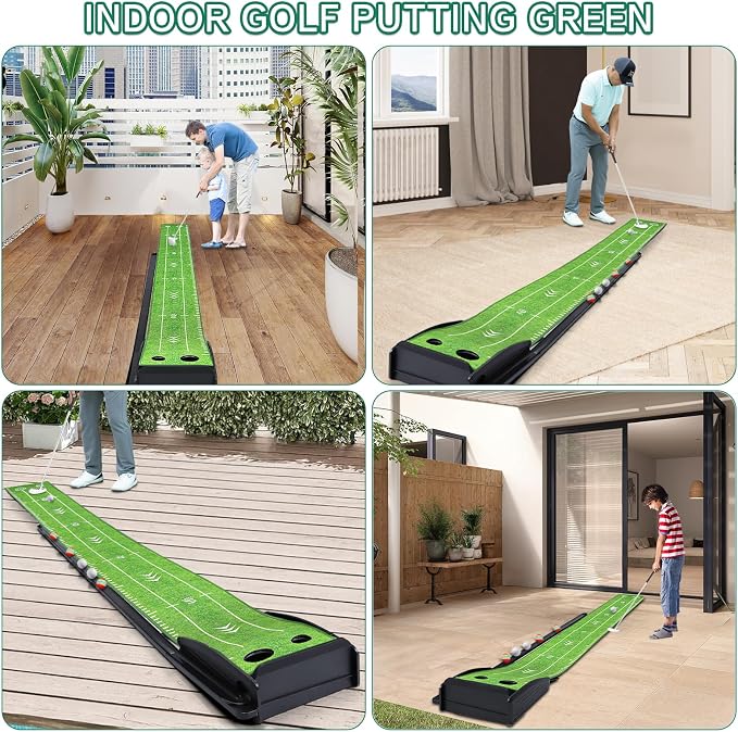 Losbenco Putting Green Indoor Golf Set with Putter & 6 Balls, Portable Golf Putting Practice Mat with Auto Ball Return System Suitable for Office, Backyard, Patio, Golf Gift for Men