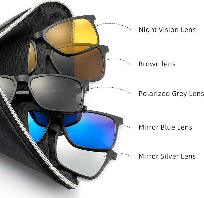 JIM HALO Magnetic 5Pcs Polarized Clip-on Sunglasses Plastic Frame for Night Driving