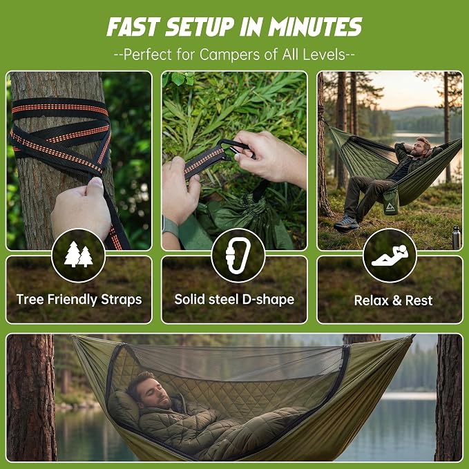 Camping Hammock with Mosquito Net with Built-in Underquilt - Built-in Quilt for Lightweight Soft Warm 4 Seasons, Great for Hiking Backpacking Camping Travel(Hold Up to 500lbs) - Olive Green