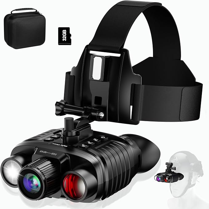 Night Vision Goggles, Head-Mounted Rechargeable Binoculars, 3" Screen Digital Infrared Night Vision Binoculars with Head Strap &32GB Card for Hunting, Camping, Security