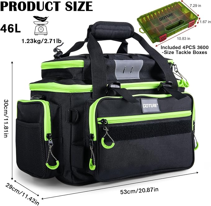 Goture Fishing Tackle Bag with 4PCS 3600 Tackle Boxes | 600D Water-Resistant, Rod Straps, Detachable Bottle Pouch,Waterproof Bottom, Freshwater & Saltwater Gear Storage Fishing Bag