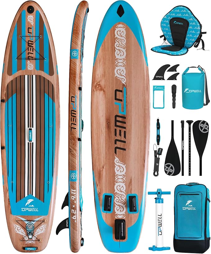 UPWELL 11’6”/11'2”/11'/10'8”/10'6”/10'2” Inflatable Stand Up Paddle Board with sup Accessories Including Backpack, Repairing Kits, Non-Slip Deck, Leash, 3 Fins, Paddle and Hand Pump