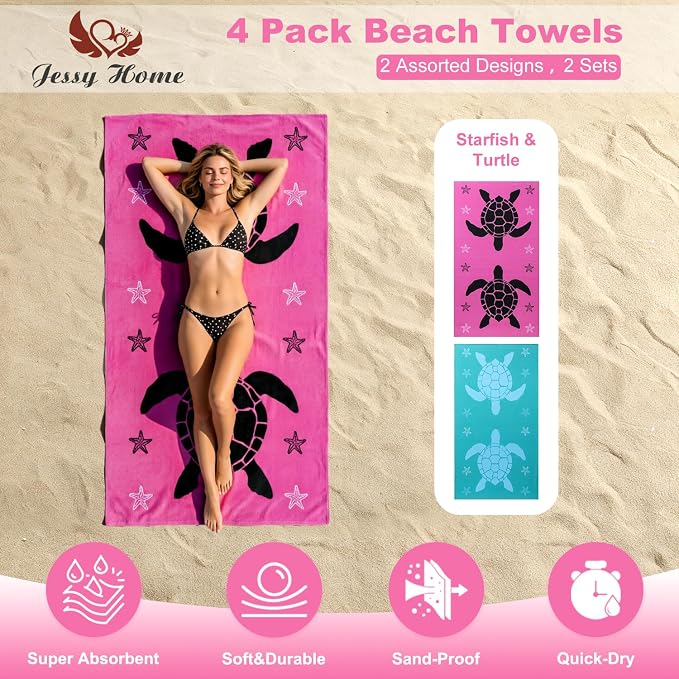 Jessy Home Microfiber 4 Pack Beach Towel Set, 40x70in Oversized Beach Towel, Quick-Dry Sand-Free Highly Absorbent Swim Towel, Soft Pool Towel, Marine Mixed Prints of Starfish & Sea Turtle for Vacation